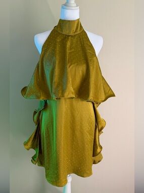 Badgley Mischka Olive Green Halter Ruffle Mini Dress